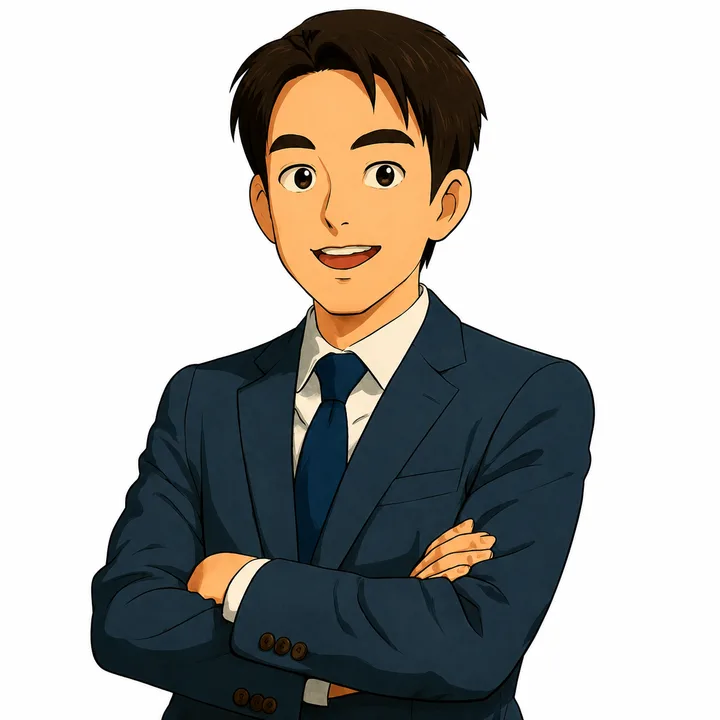 팔짱을 끼고 미소 짓는 정선생님 일러스트, 네이비 정장 차림